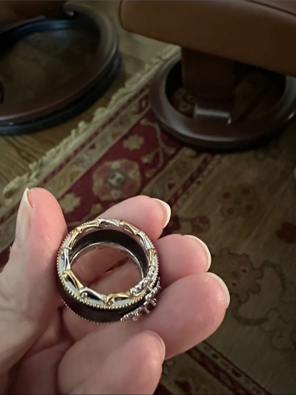 Black Onyx Band Ring with Gold-Tone Rope and Silver Cross Accents